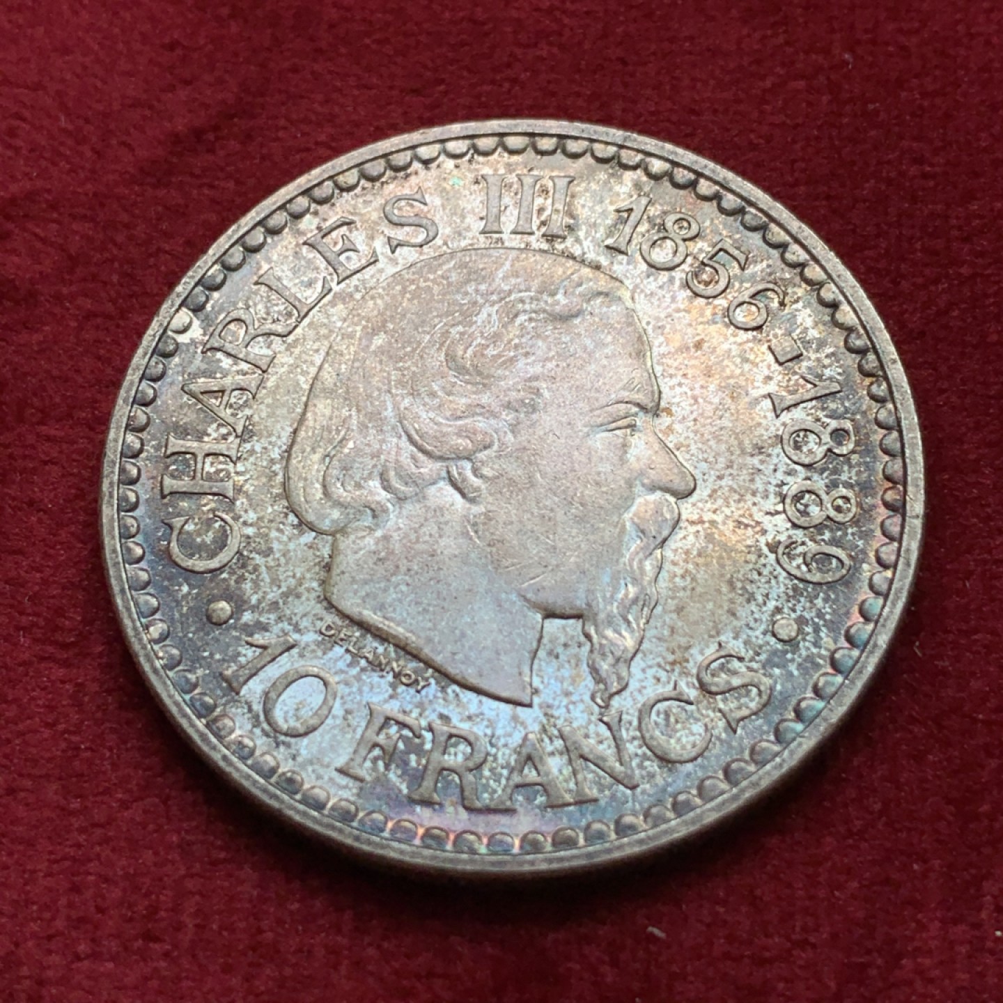 《竞宝斋》第100场-纪念拍卖 (全场包邮)中拍得限量纪念章 摩纳哥 1966年 10法郎大银币 炫五彩BU 难得状态 可送评