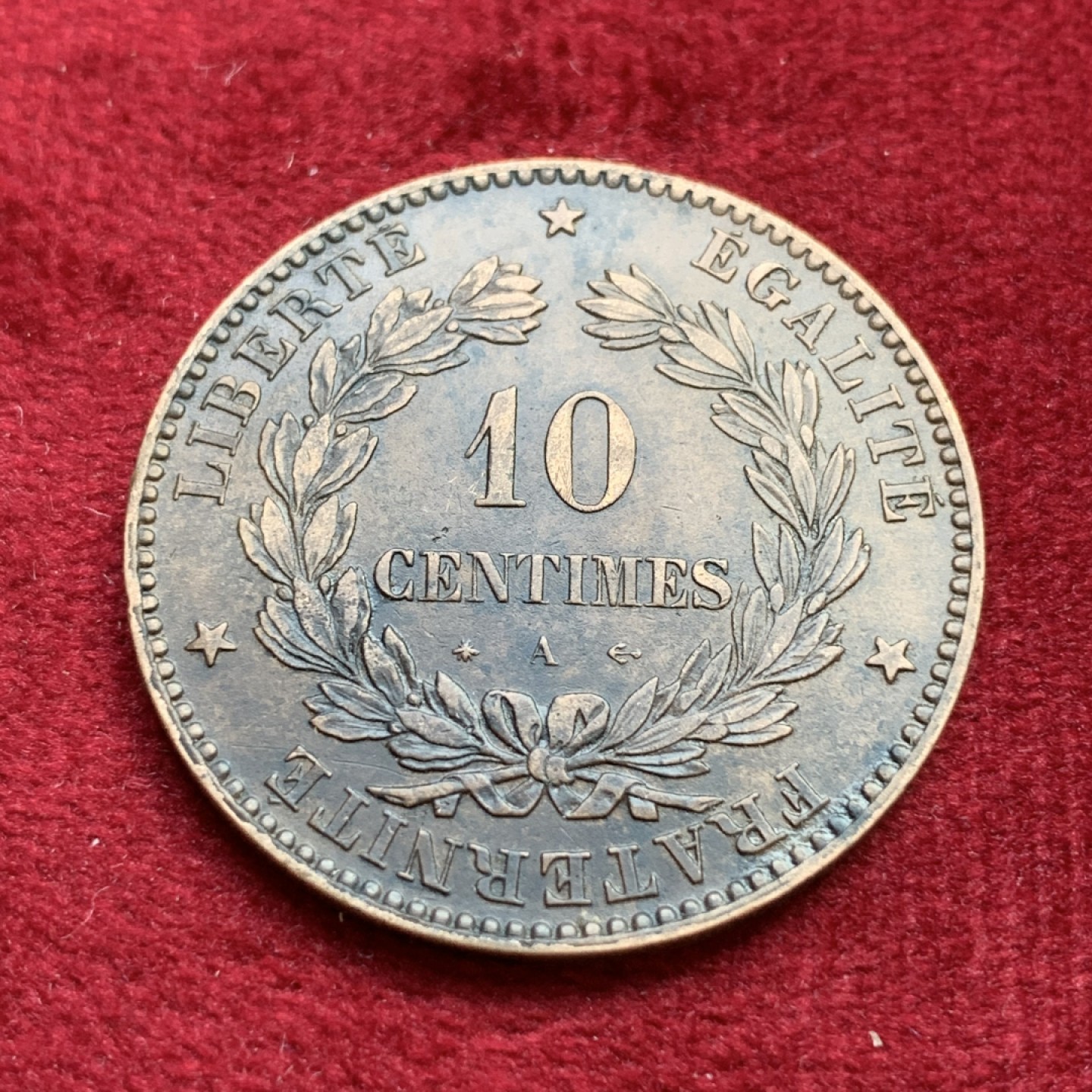 《竞宝斋》第100场-纪念拍卖 (全场包邮)中拍得限量纪念章 法国 1872年谷物女神10分大铜币 巧克力包浆 未使用品