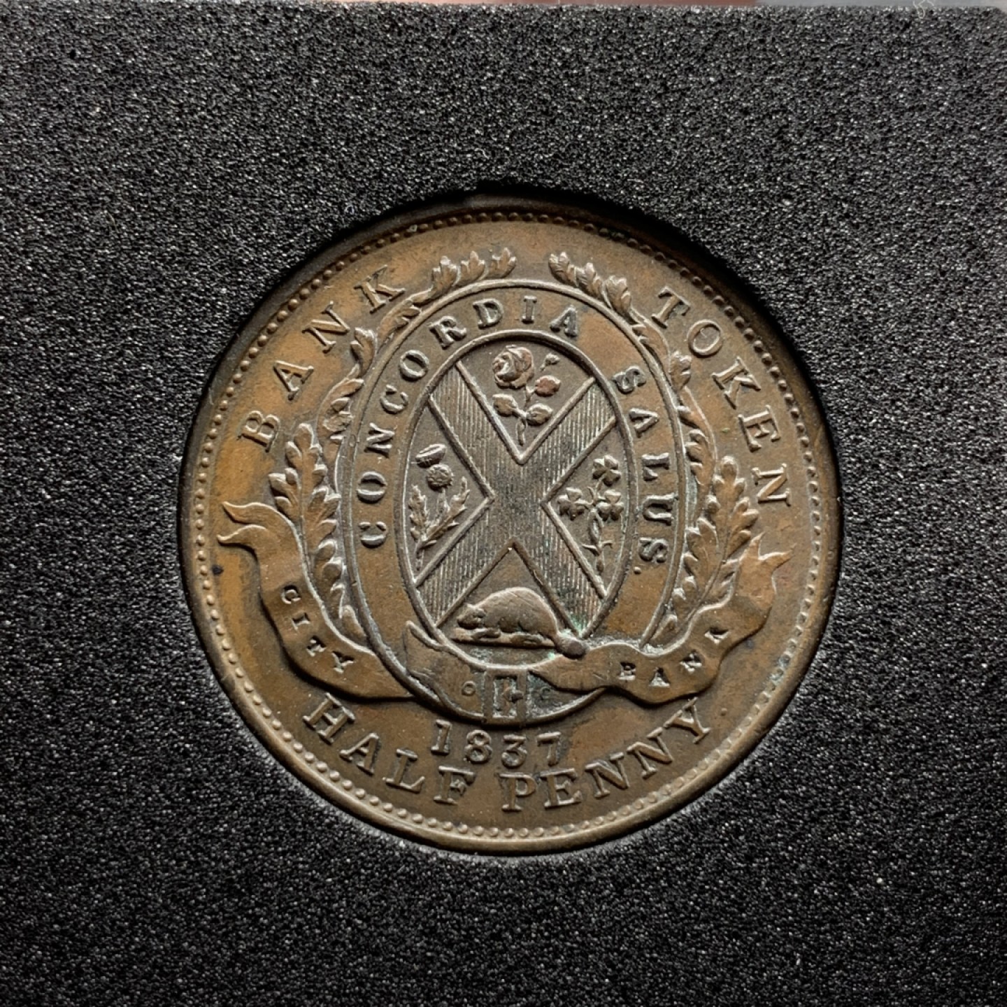 《竞宝斋》第100场-纪念拍卖 (全场包邮)中拍得限量纪念章 英属加拿大 1837年 下加拿大省 银行 半便士 铜币人物鼻尖清晰 状态所见最好