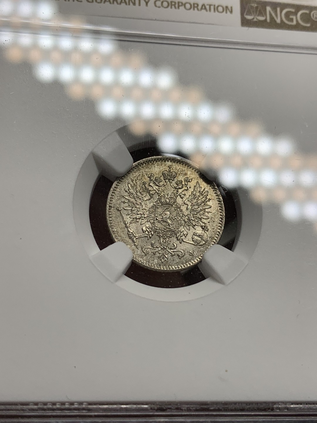 《竞宝斋》第100场-纪念拍卖 (全场包邮)中拍得限量纪念章 NGC MS62 俄占芬兰 1916年 25盆尼 银币