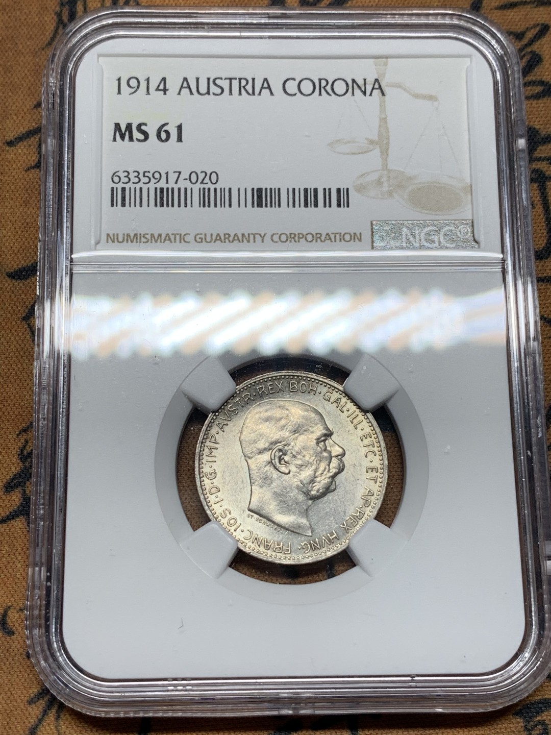 《竞宝斋》第100场-纪念拍卖 (全场包邮)中拍得限量纪念章 NGC MS61 奥匈帝国之后 1914年 奥地利 1克朗银币 非分真保守