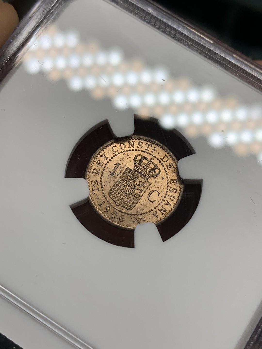 《竞宝斋》第100场-纪念拍卖 (全场包邮)中拍得限量纪念章 NGC MS63RB 西班牙 阿方索十三世 1C 铜币 出厂状态