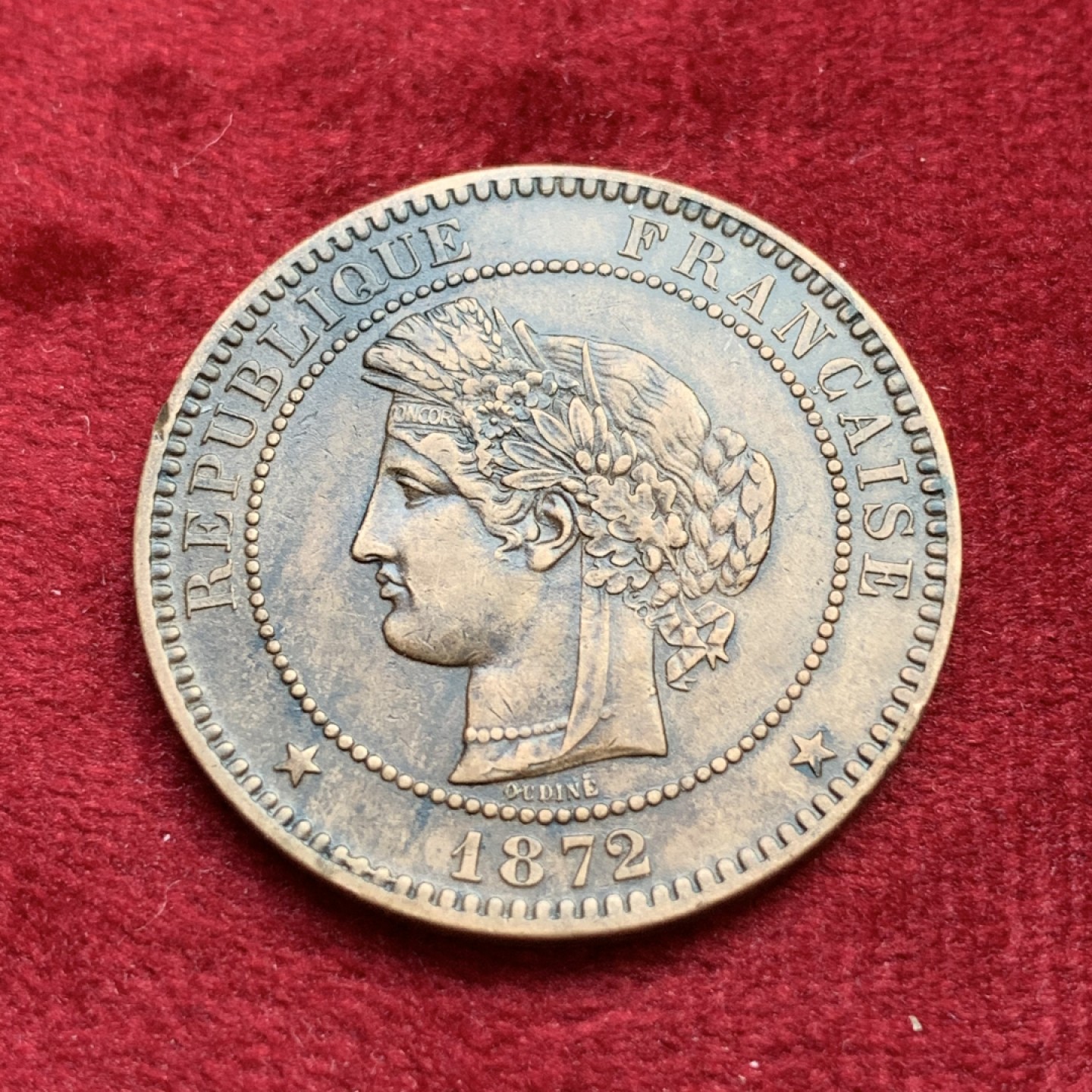 《竞宝斋》第100场-纪念拍卖 (全场包邮)中拍得限量纪念章 法国 1872年谷物女神10分大铜币 巧克力包浆 未使用品