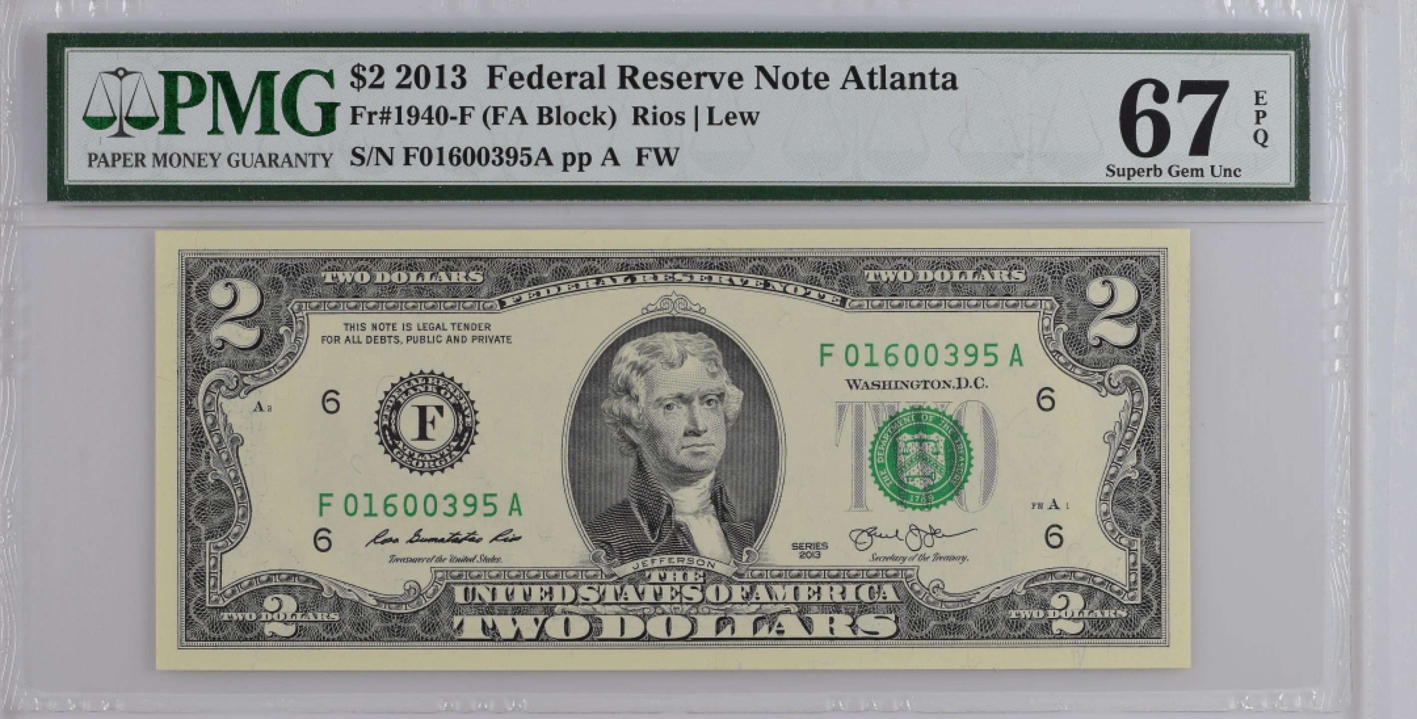 收藏联盟Quantum Auction 第195期拍卖(已更新) 美国2013年联邦储备券2元 PMG67