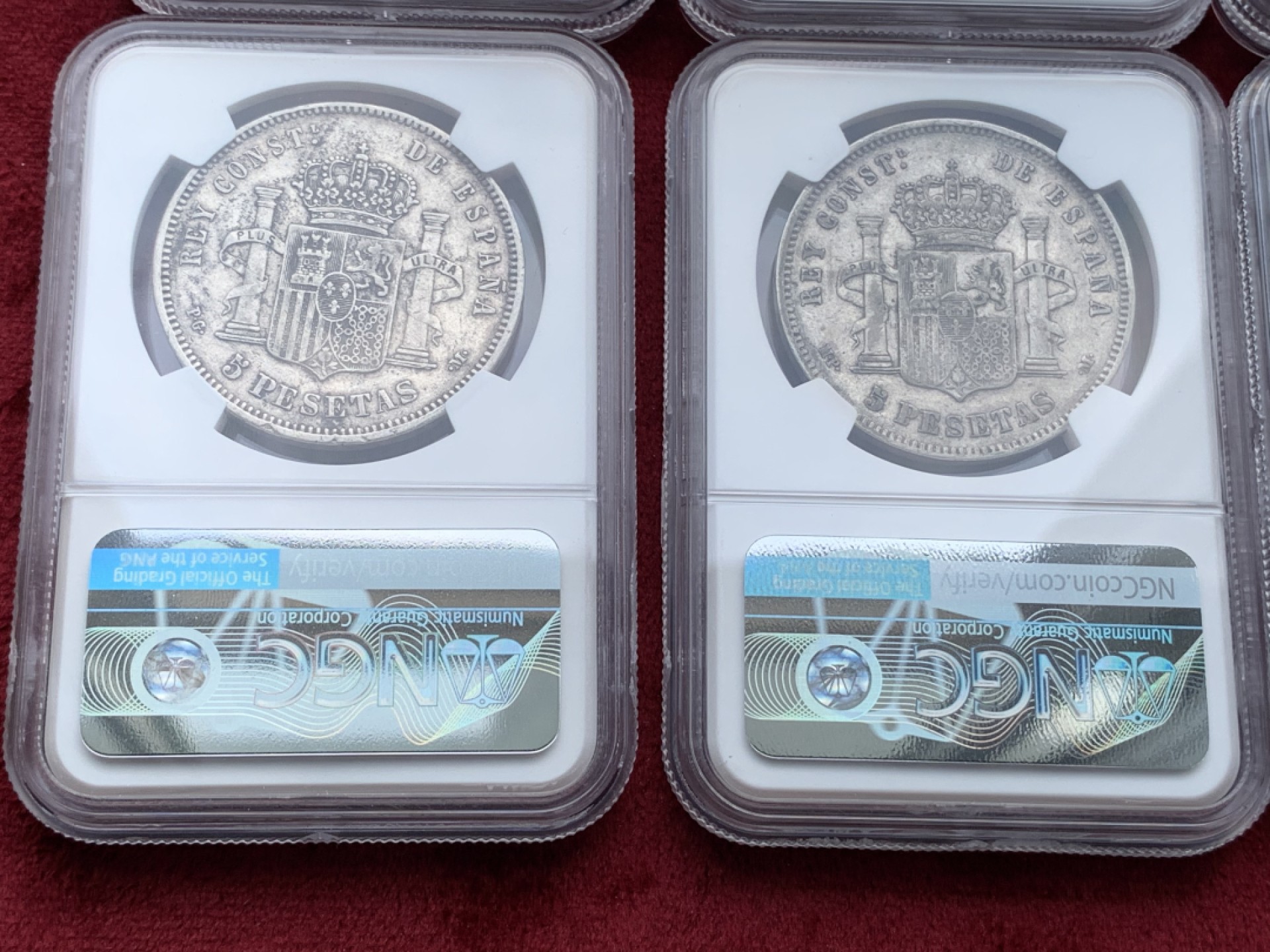 《竞宝斋》第100场-纪念拍卖 (全场包邮)中拍得限量纪念章 NGC XF45-AU50 8枚一组 西班牙 5比塞塔 银币 8枚一套 状态比较平均 值得收藏