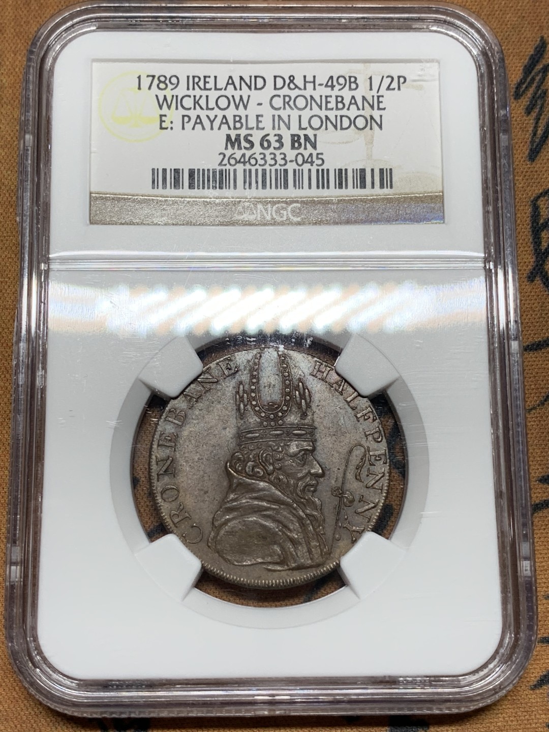 《竞宝斋》第100场-纪念拍卖 (全场包邮)中拍得限量纪念章 NGC MS63 爱尔兰  1789年 半便士 代币 token 光滑的巧克力棕色 相对英国的代币比较少