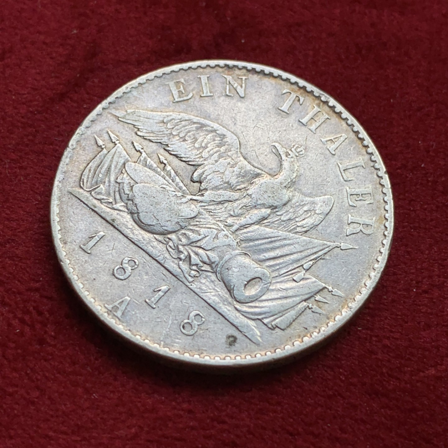 《竞宝斋》第100场-纪念拍卖 (全场包邮)中拍得限量纪念章 德国 普鲁士1818年 弗里德里希·威廉三世 1泰勒银币 炮鹰好的太少了 这枚整体不错