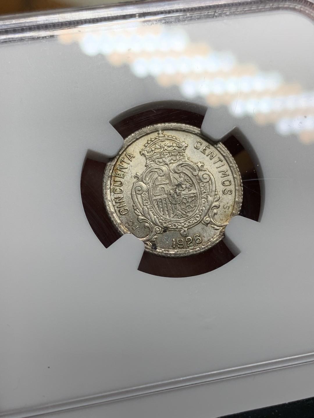 《竞宝斋》第100场-纪念拍卖 (全场包邮)中拍得限量纪念章 NGC MS63 西班牙 1926年 阿方索十三世 50分银币 小伙长坏了 变小老头了 币还是很好的