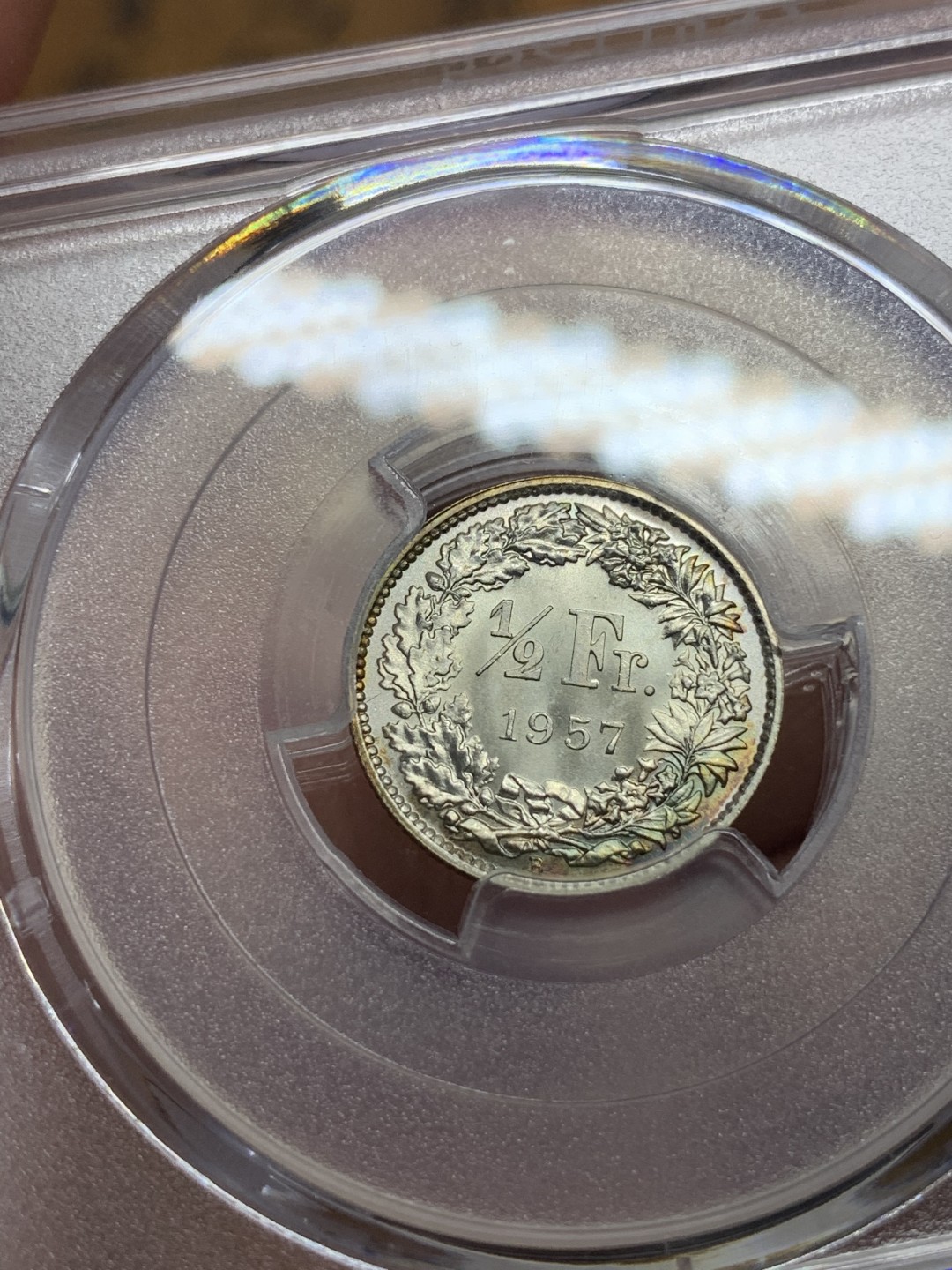 《竞宝斋》第100场-纪念拍卖 (全场包邮)中拍得限量纪念章 PCGS MS66 瑞士 1957年 女神 1/2法郎 银币 不多见的年份 状态极佳 评级费150