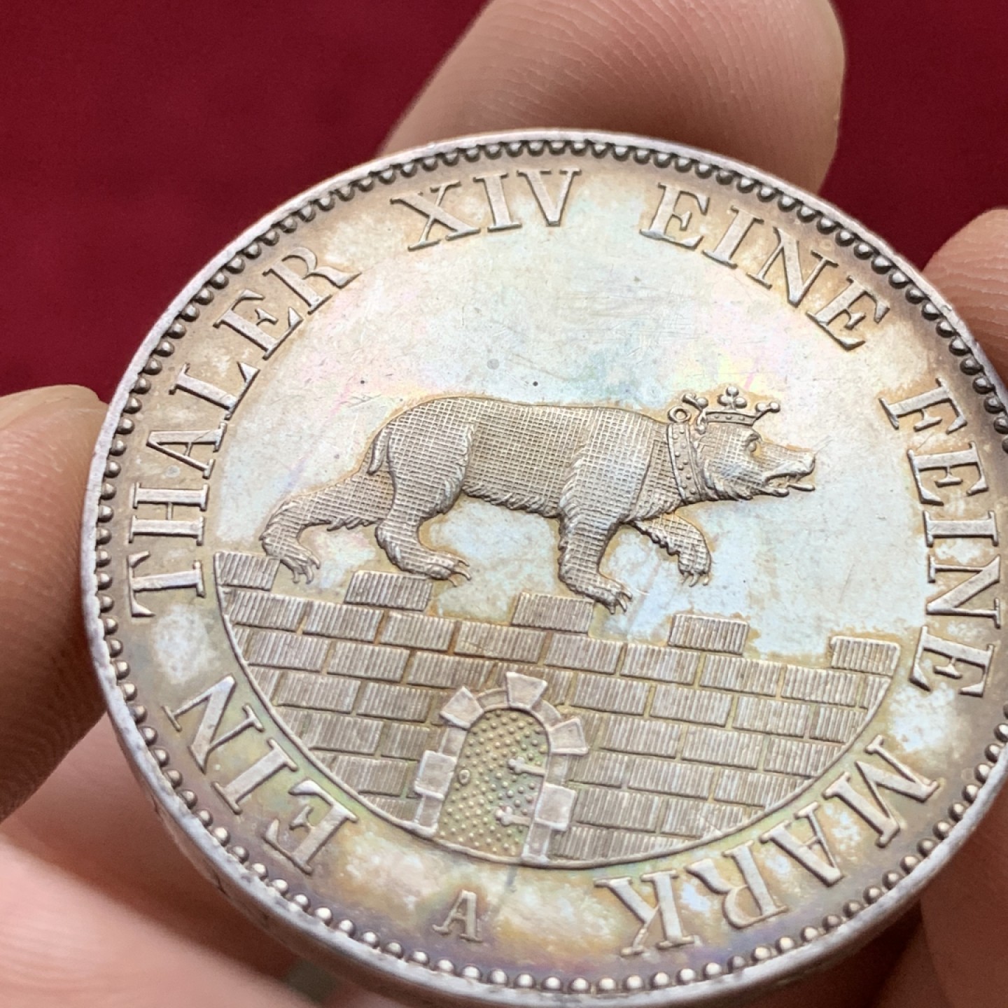 《竞宝斋》第100场-纪念拍卖 (全场包邮)中拍得限量纪念章 德国 安哈特 1855年 小熊爬墙 1泰勒大银币 双面炫五彩  细节没得说 自己都没有了 见视频吧