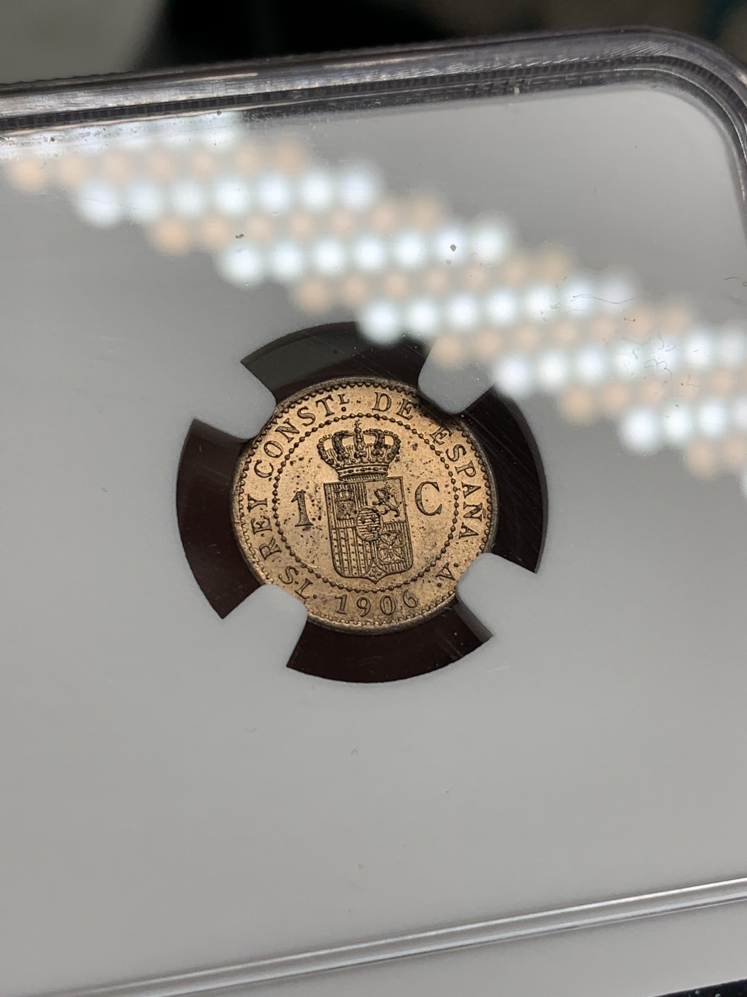 《竞宝斋》第100场-纪念拍卖 (全场包邮)中拍得限量纪念章 NGC MS63RB 西班牙 阿方索十三世 1C 铜币 出厂状态