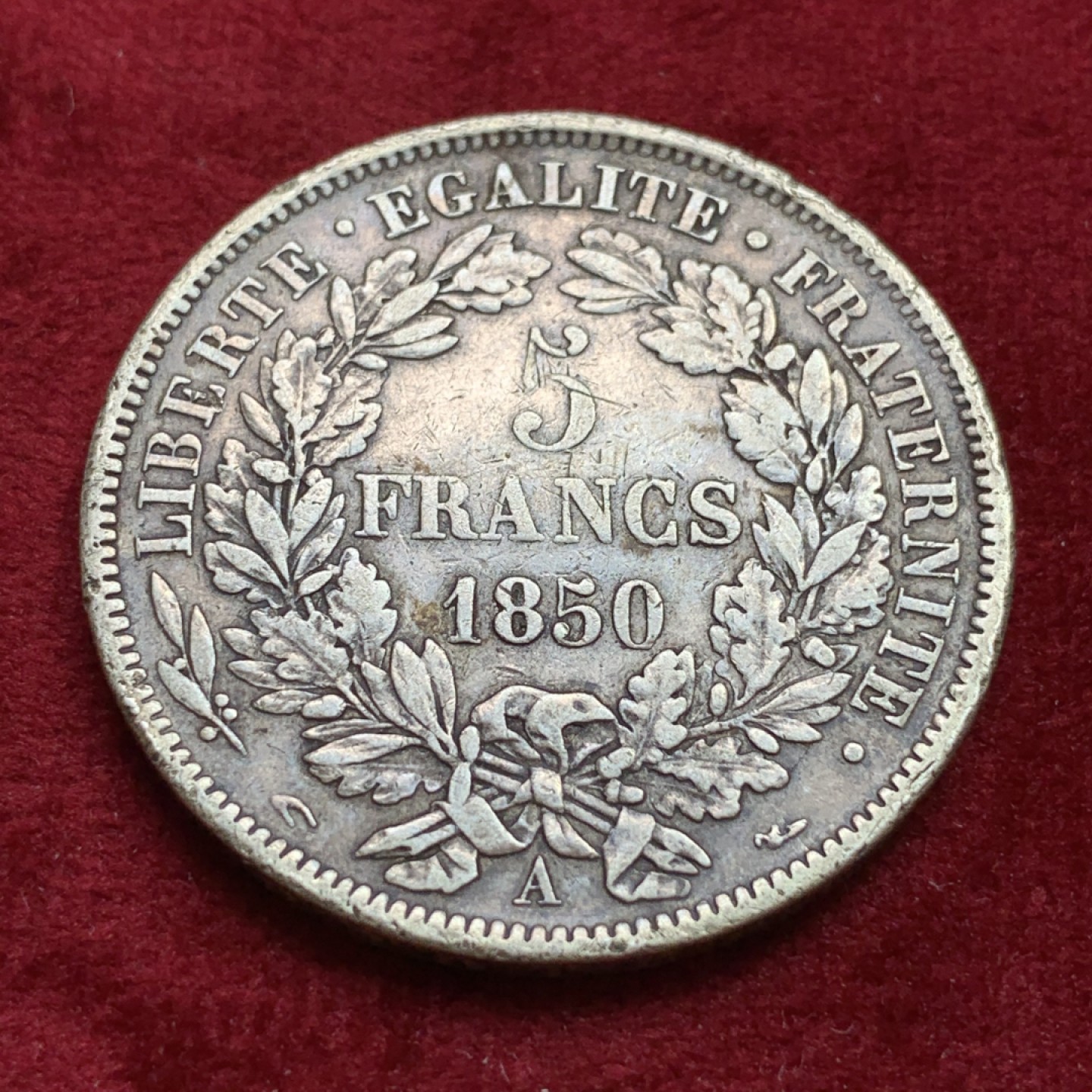 《竞宝斋》第100场-纪念拍卖 (全场包邮)中拍得限量纪念章 法国 1850年 谷物女神5法郎银币 原味状态 还不错