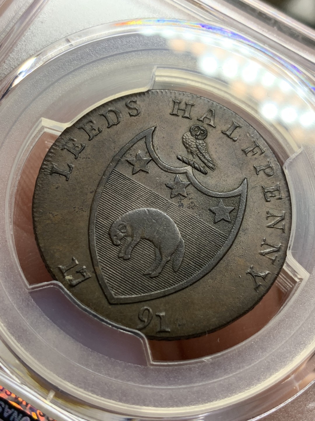 《竞宝斋》第100场-纪念拍卖 (全场包邮)中拍得限量纪念章 PCGS MS62BN 英国 1791 半便士代币 状态醇厚 猫头鹰的鼻尖都没有磨损