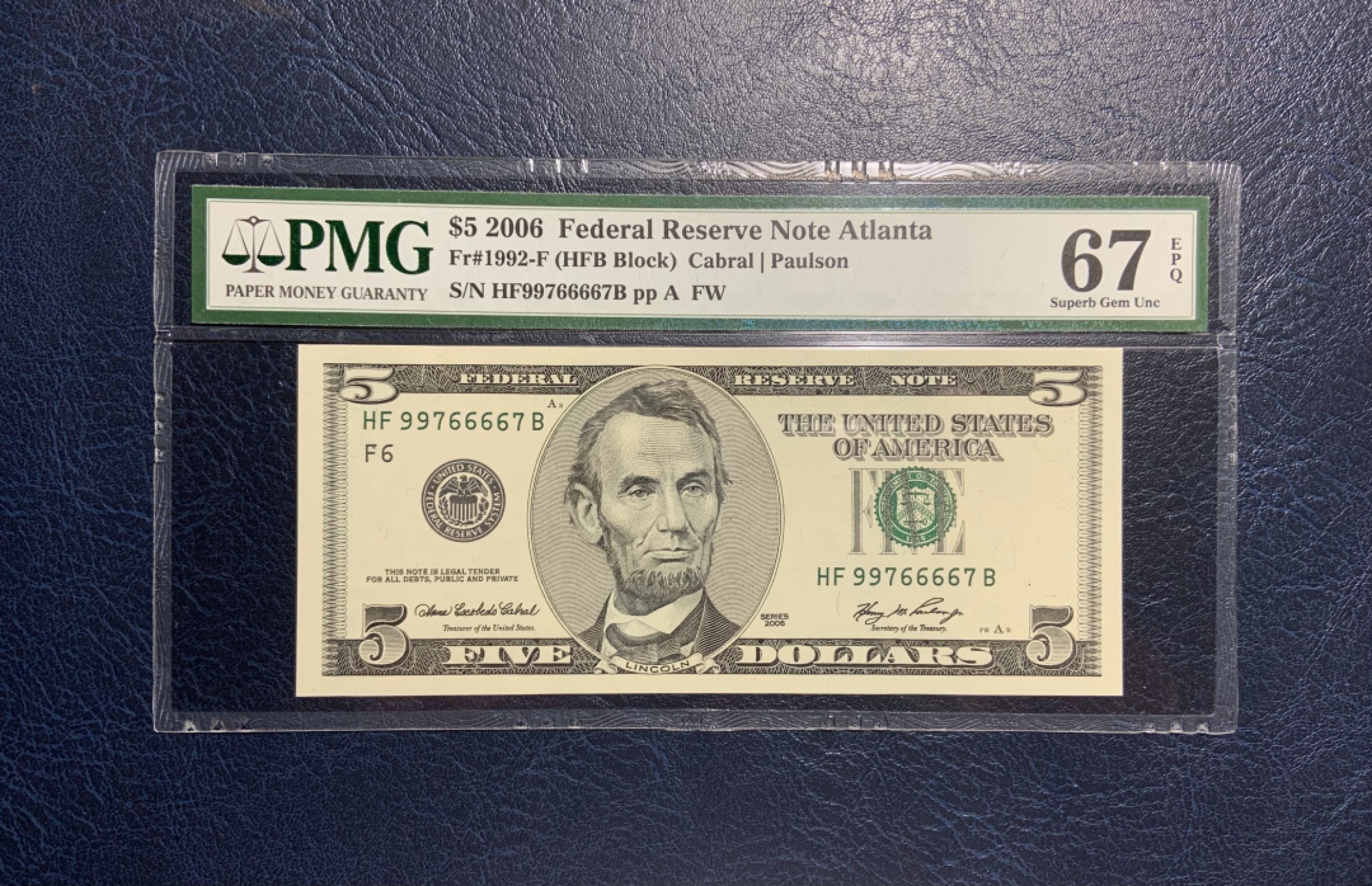 收藏联盟Quantum Auction 第195期拍卖(已更新) 美国2006年联邦储备券5元 PMG67 号码不带4