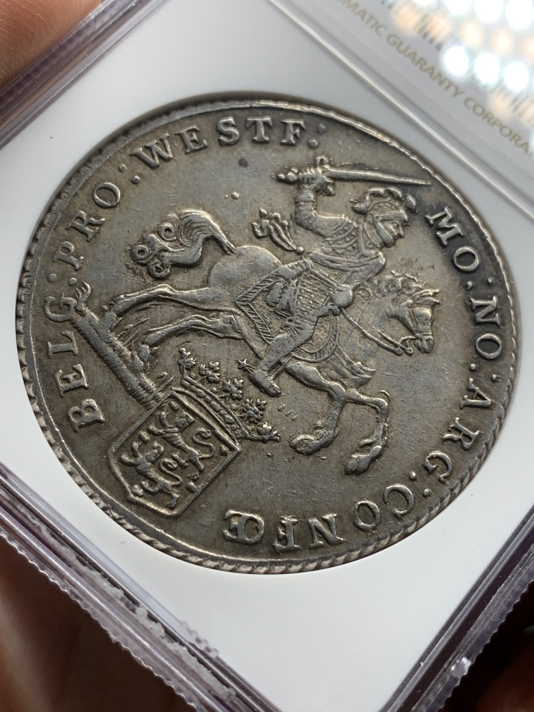 《竞宝斋》第100场-纪念拍卖 (全场包邮)中拍得限量纪念章 更高分3枚  NGC AU55 荷兰 骑字版 1791/0年 西弗里斯兰省 1杜卡特大马剑银币 原味包浆 双面深打 状态难得