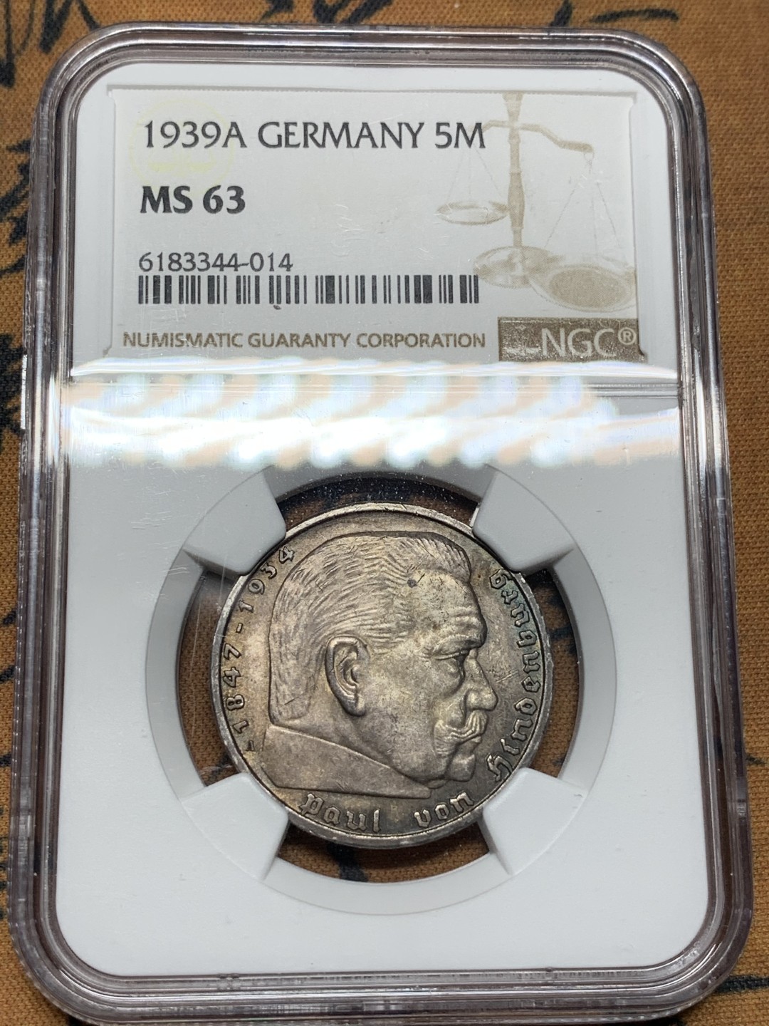 《竞宝斋》第100场-纪念拍卖 (全场包邮)中拍得限量纪念章 NGC MS63 德国 1939年 兴登堡 5马克银币 双面深色包浆 能给到63分实在不易