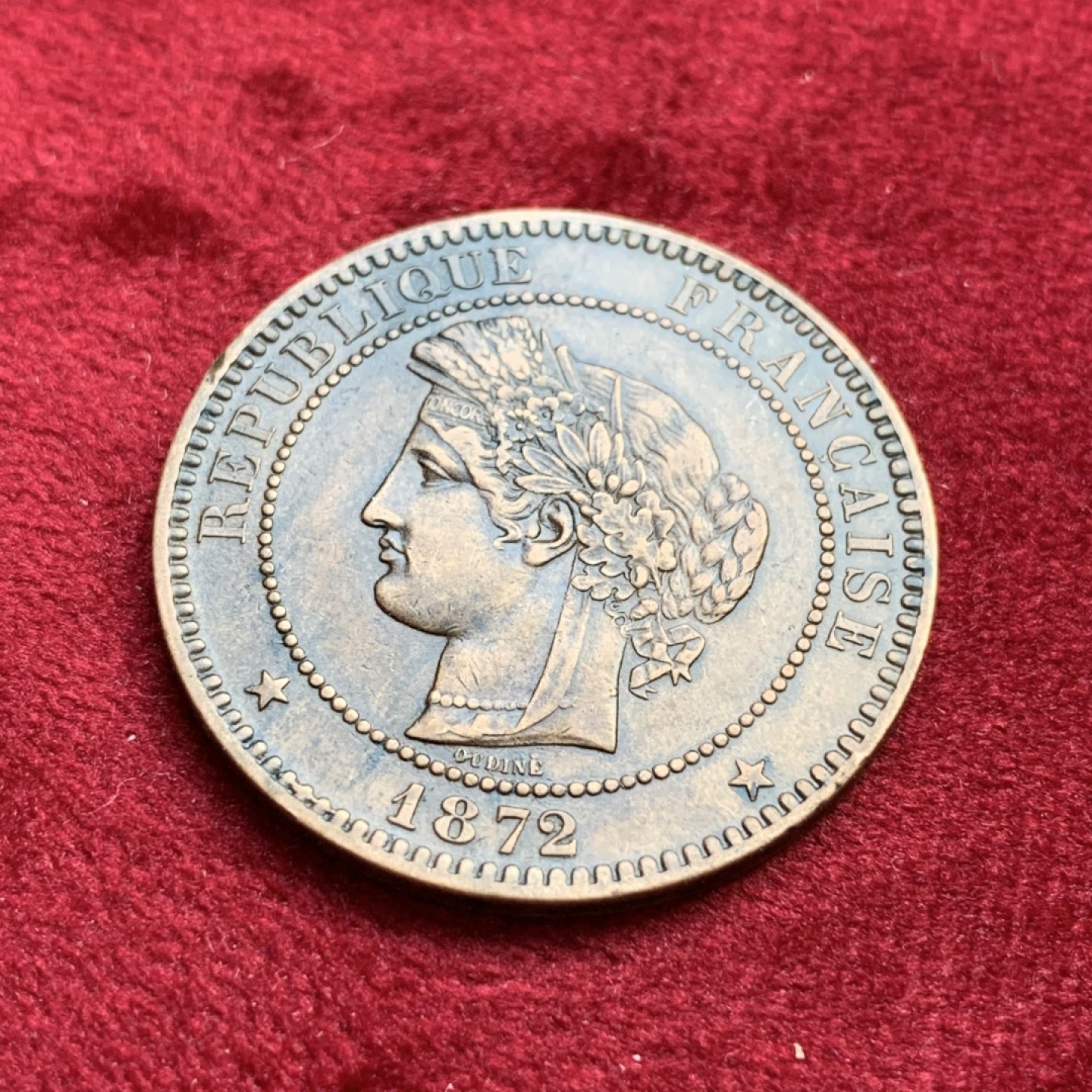 《竞宝斋》第100场-纪念拍卖 (全场包邮)中拍得限量纪念章 法国 1872年谷物女神10分大铜币 巧克力包浆 未使用品