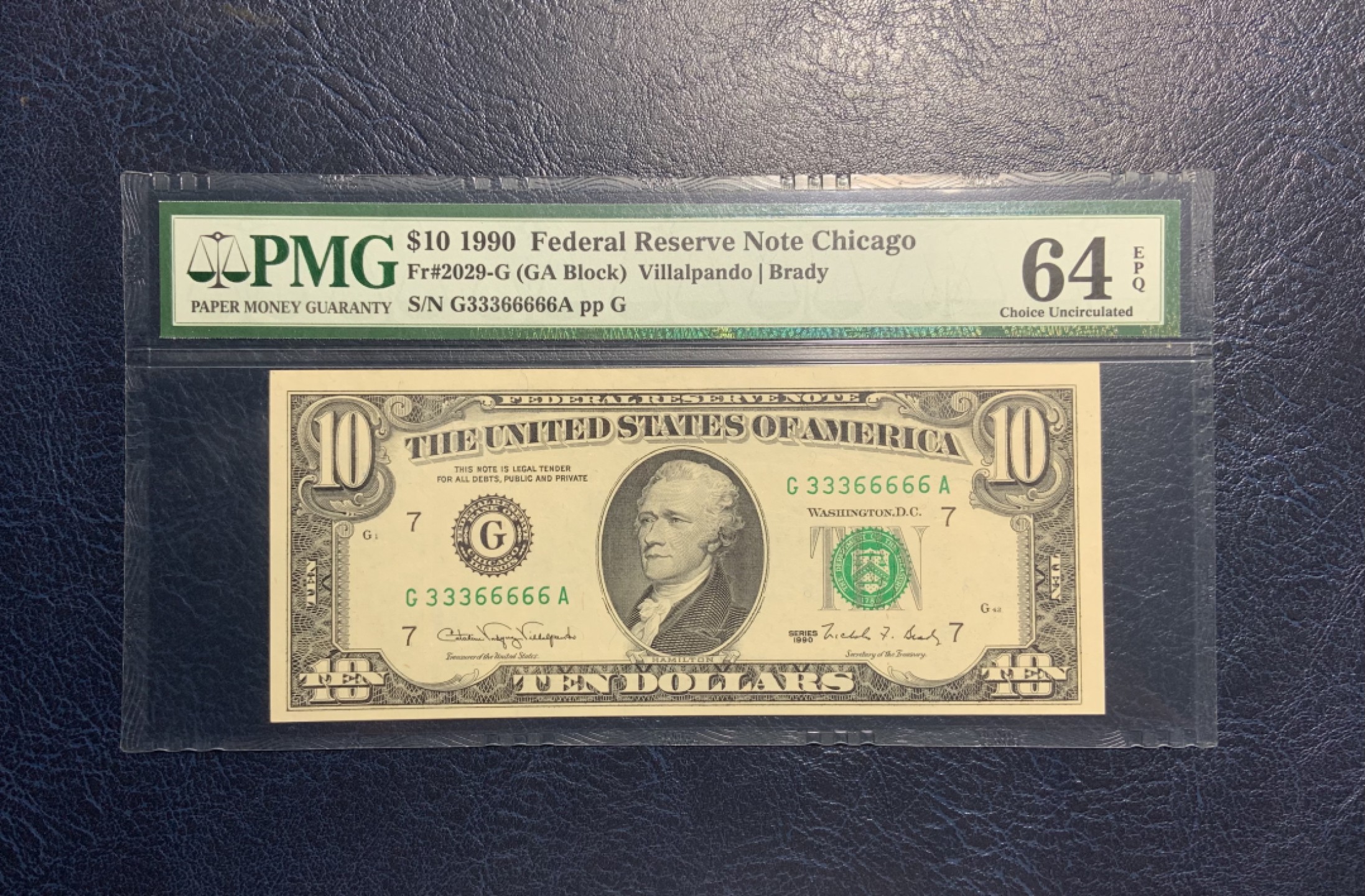 收藏联盟Quantum Auction 第195期拍卖(已更新) 美国1990年联邦储备券10元 PMG64e 豹子号加老虎号 双号合并 号码不带4