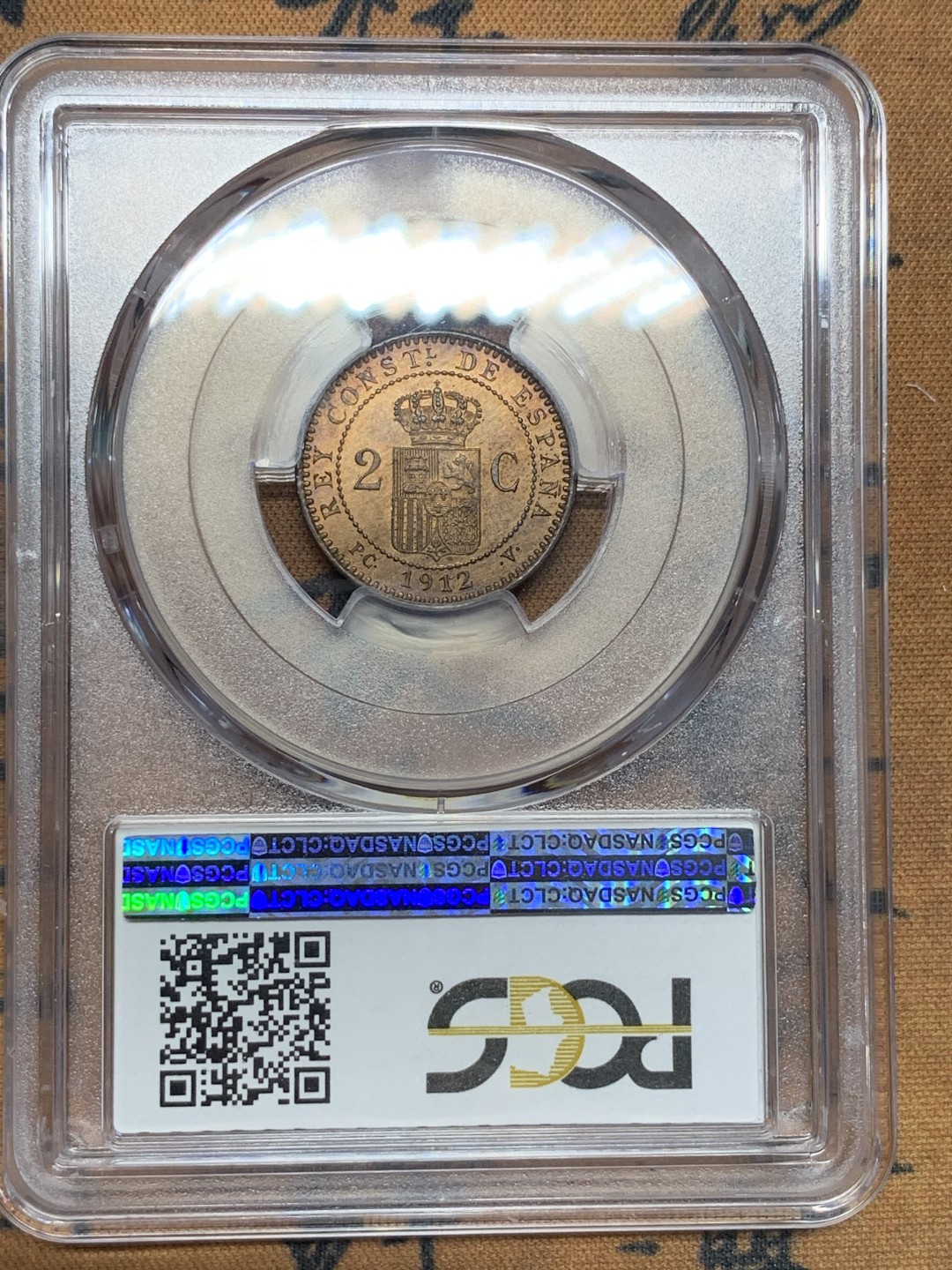 《竞宝斋》第100场-纪念拍卖 (全场包邮)中拍得限量纪念章 PCGS MS64RB 西班牙 1912年 阿方索十三世 2C 铜币 这个头像的高分不多 早年自己送评的 评级费就150了