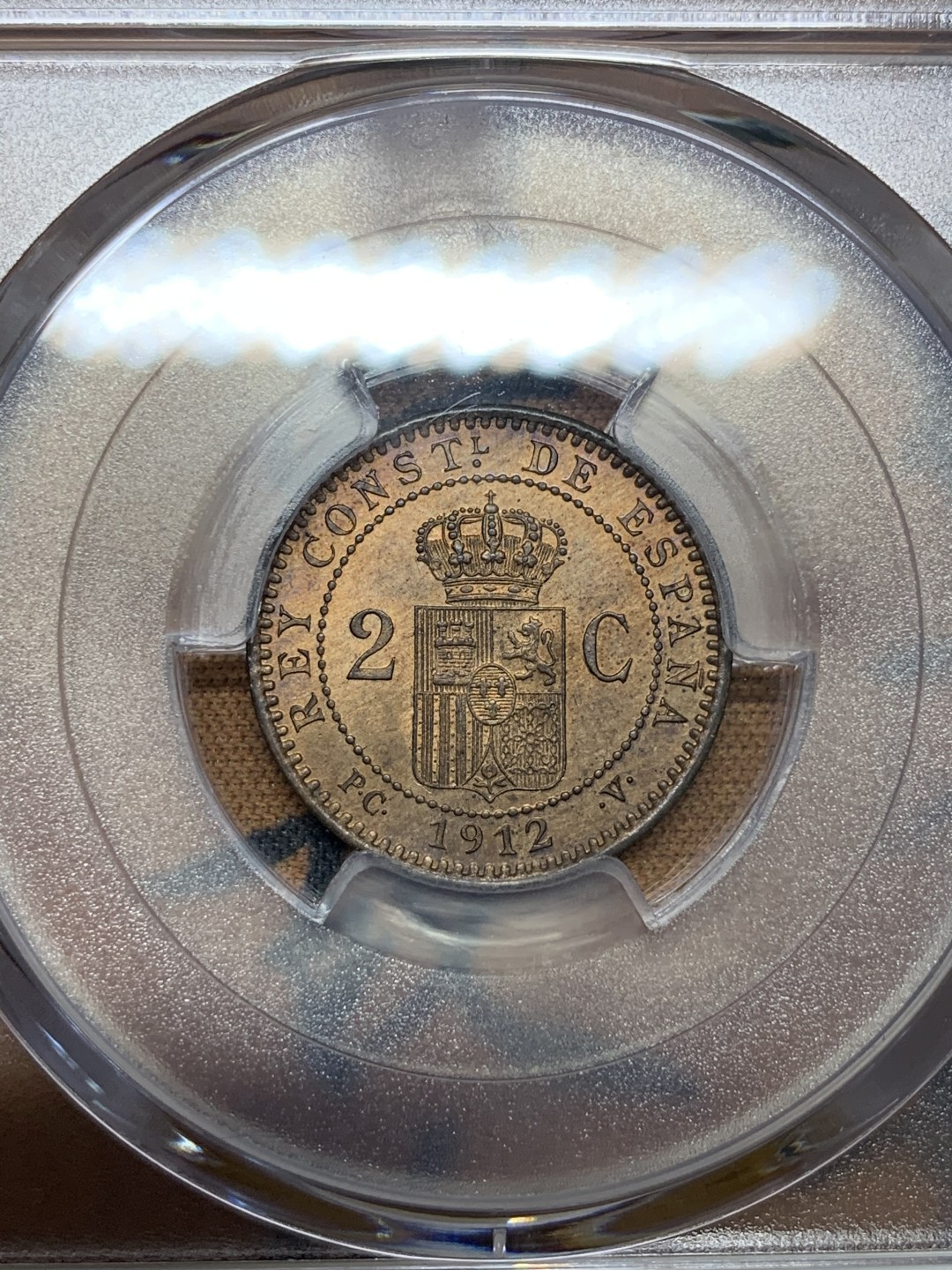 《竞宝斋》第100场-纪念拍卖 (全场包邮)中拍得限量纪念章 PCGS MS64RB 西班牙 1912年 阿方索十三世 2C 铜币 这个头像的高分不多 早年自己送评的 评级费就150了