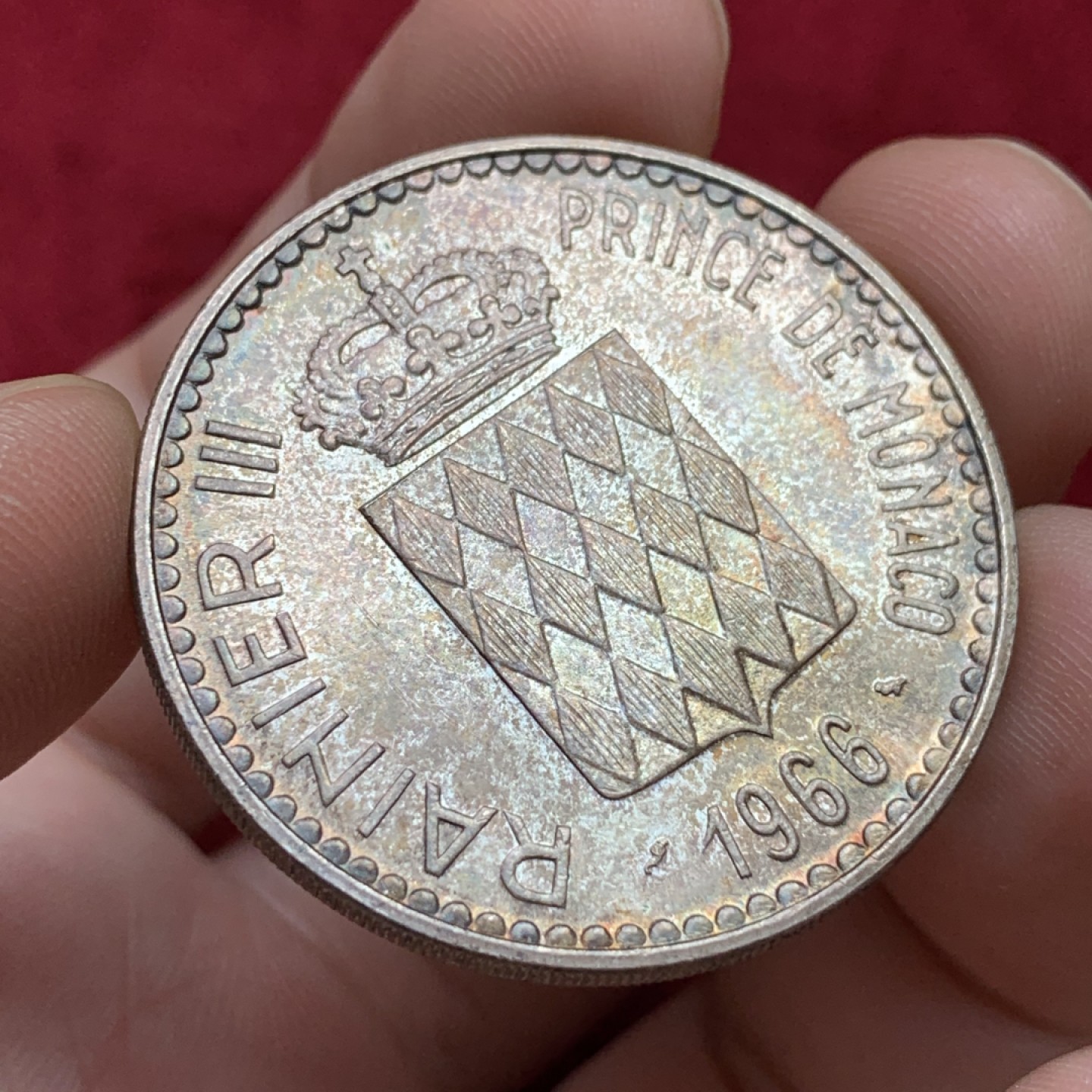 《竞宝斋》第100场-纪念拍卖 (全场包邮)中拍得限量纪念章 摩纳哥 1966年 10法郎大银币 炫五彩BU 难得状态 可送评