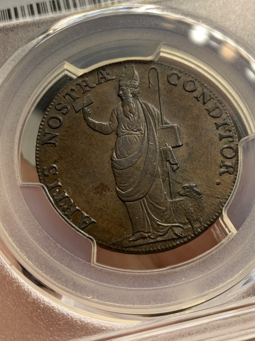 《竞宝斋》第100场-纪念拍卖 (全场包邮)中拍得限量纪念章 PCGS MS62BN 英国 1791 半便士代币 状态醇厚 猫头鹰的鼻尖都没有磨损