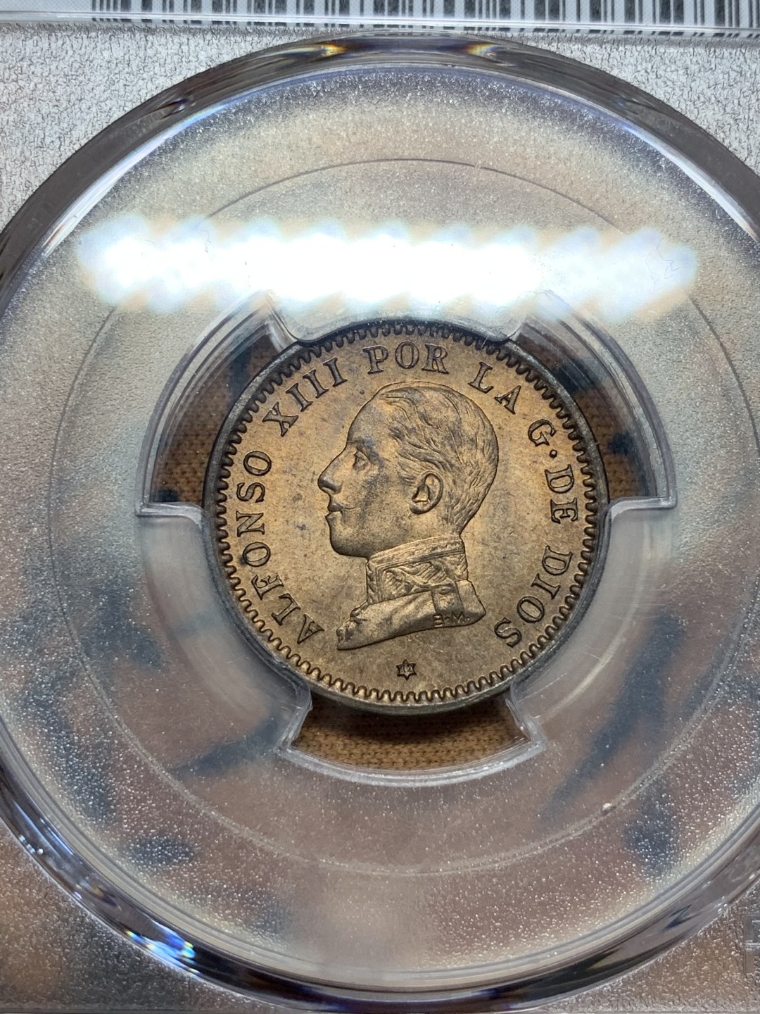 《竞宝斋》第100场-纪念拍卖 (全场包邮)中拍得限量纪念章 PCGS MS64RB 西班牙 1912年 阿方索十三世 2C 铜币 这个头像的高分不多 早年自己送评的 评级费就150了