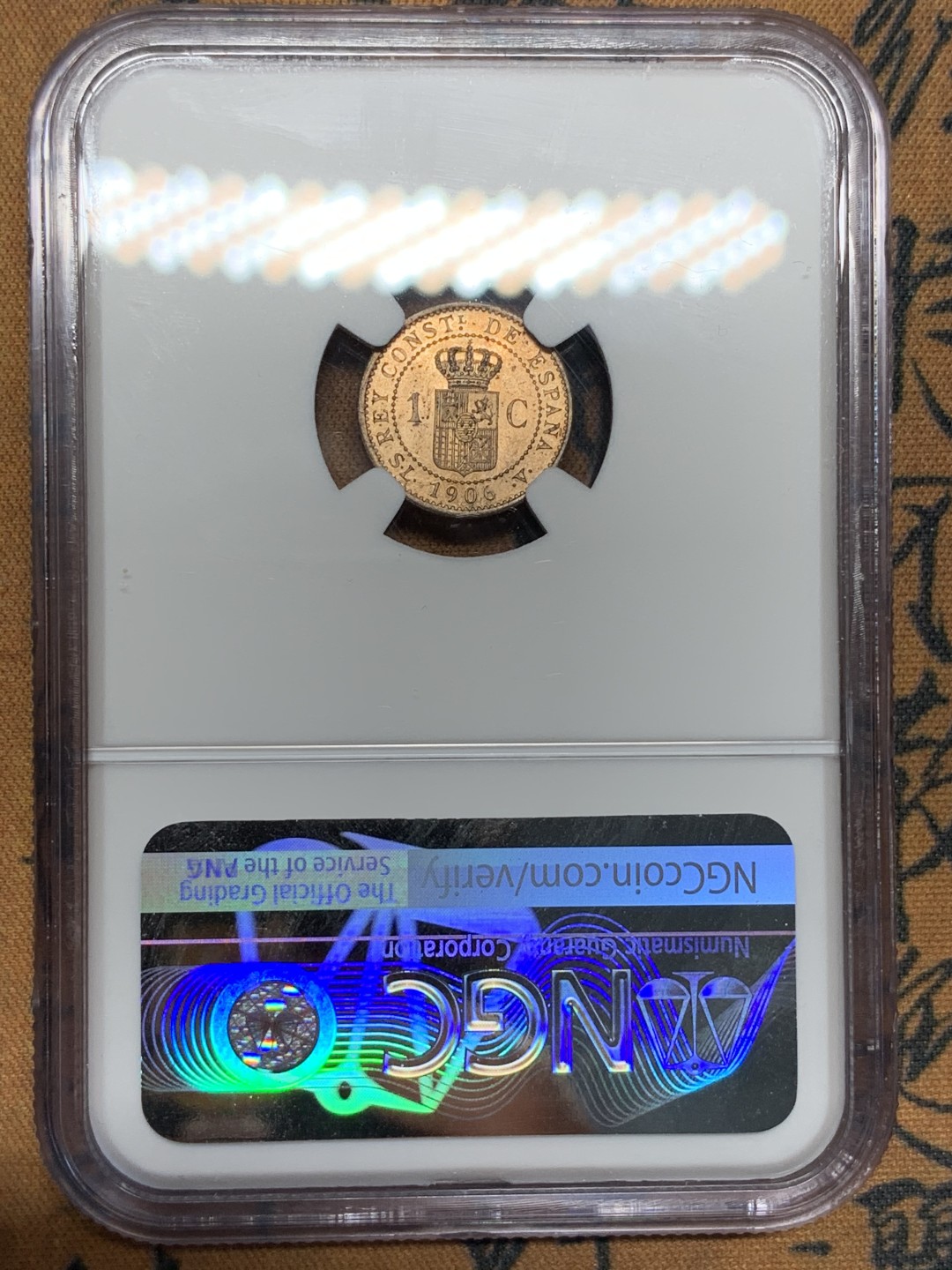 《竞宝斋》第100场-纪念拍卖 (全场包邮)中拍得限量纪念章 NGC MS63RB 西班牙 阿方索十三世 1C 铜币 出厂状态