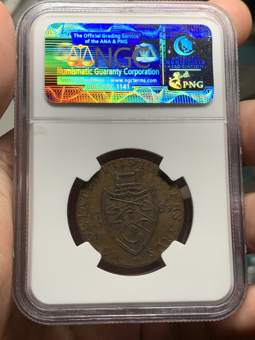 《竞宝斋》第100场-纪念拍卖 (全场包邮)中拍得限量纪念章 NGC MS63 爱尔兰  1789年 半便士 代币 token 光滑的巧克力棕色 相对英国的代币比较少