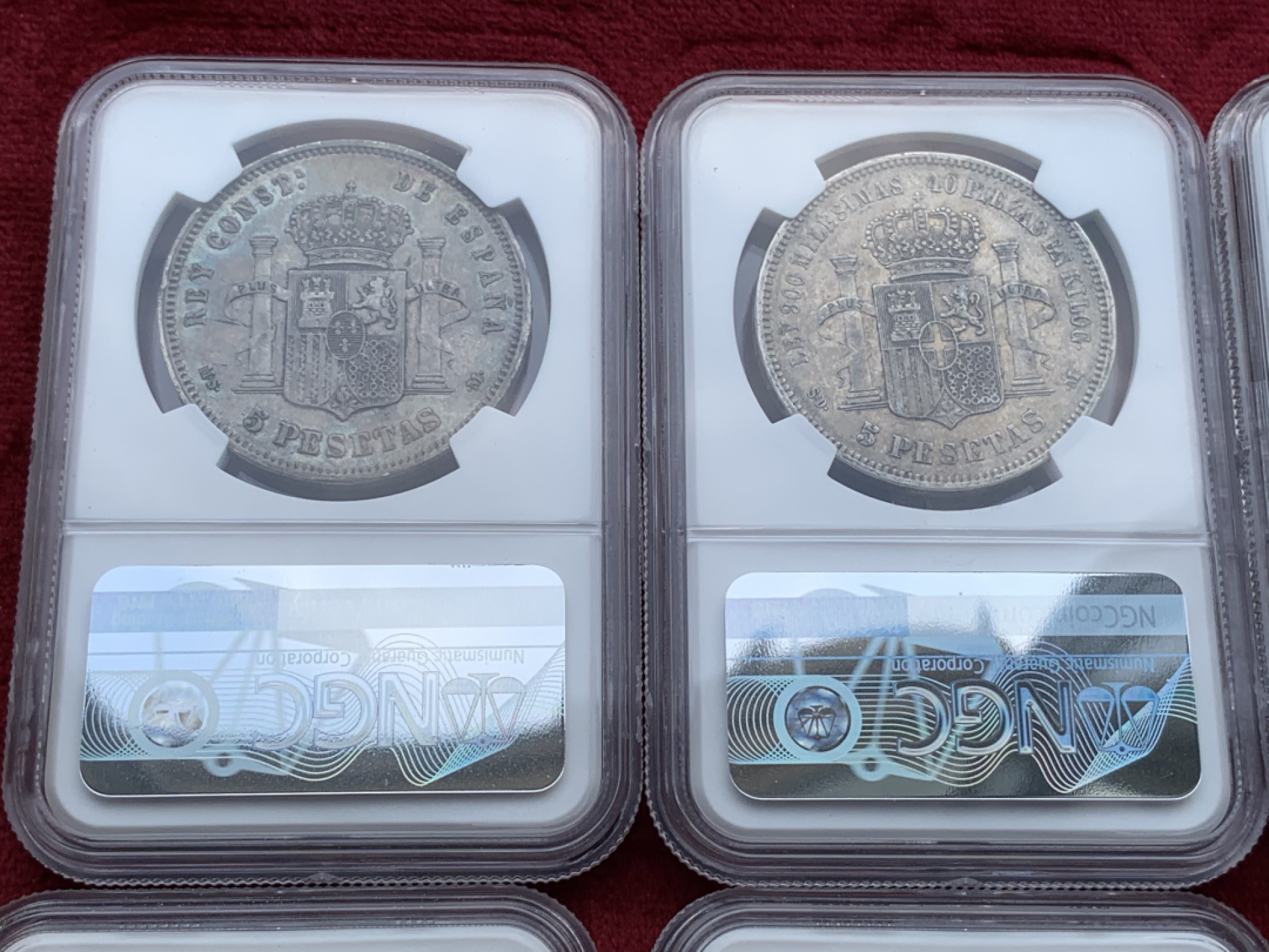 《竞宝斋》第100场-纪念拍卖 (全场包邮)中拍得限量纪念章 NGC XF45-AU50 8枚一组 西班牙 5比塞塔 银币 8枚一套 状态比较平均 值得收藏