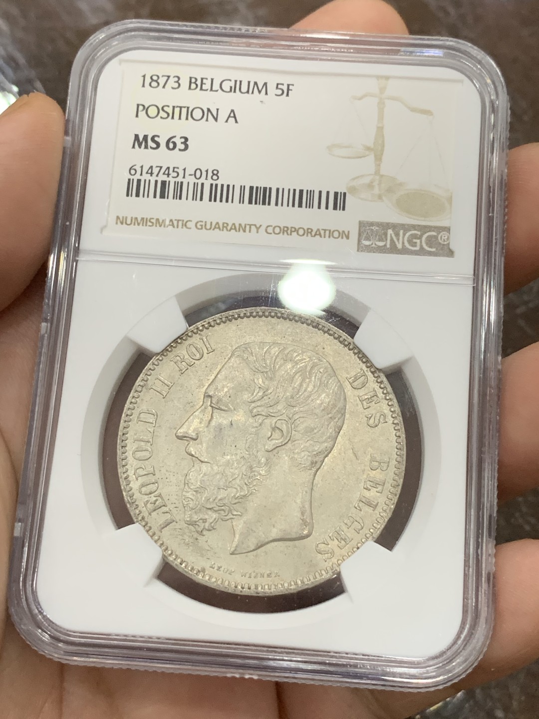 《竞宝斋》第100场-纪念拍卖 (全场包邮)中拍得限量纪念章 NGC MS63 比利时 利奥波德二世 1873年 5法郎银币 高分好细节 现在62分都已经在千元徘徊了 63出现的不多了