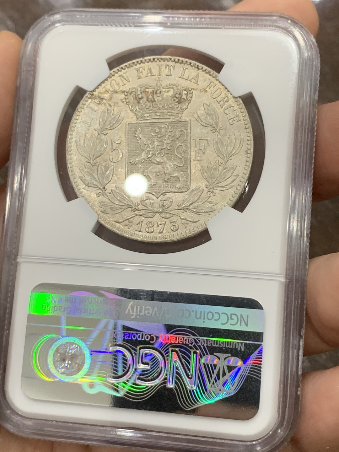 《竞宝斋》第100场-纪念拍卖 (全场包邮)中拍得限量纪念章 NGC MS63 比利时 利奥波德二世 1873年 5法郎银币 高分好细节 现在62分都已经在千元徘徊了 63出现的不多了