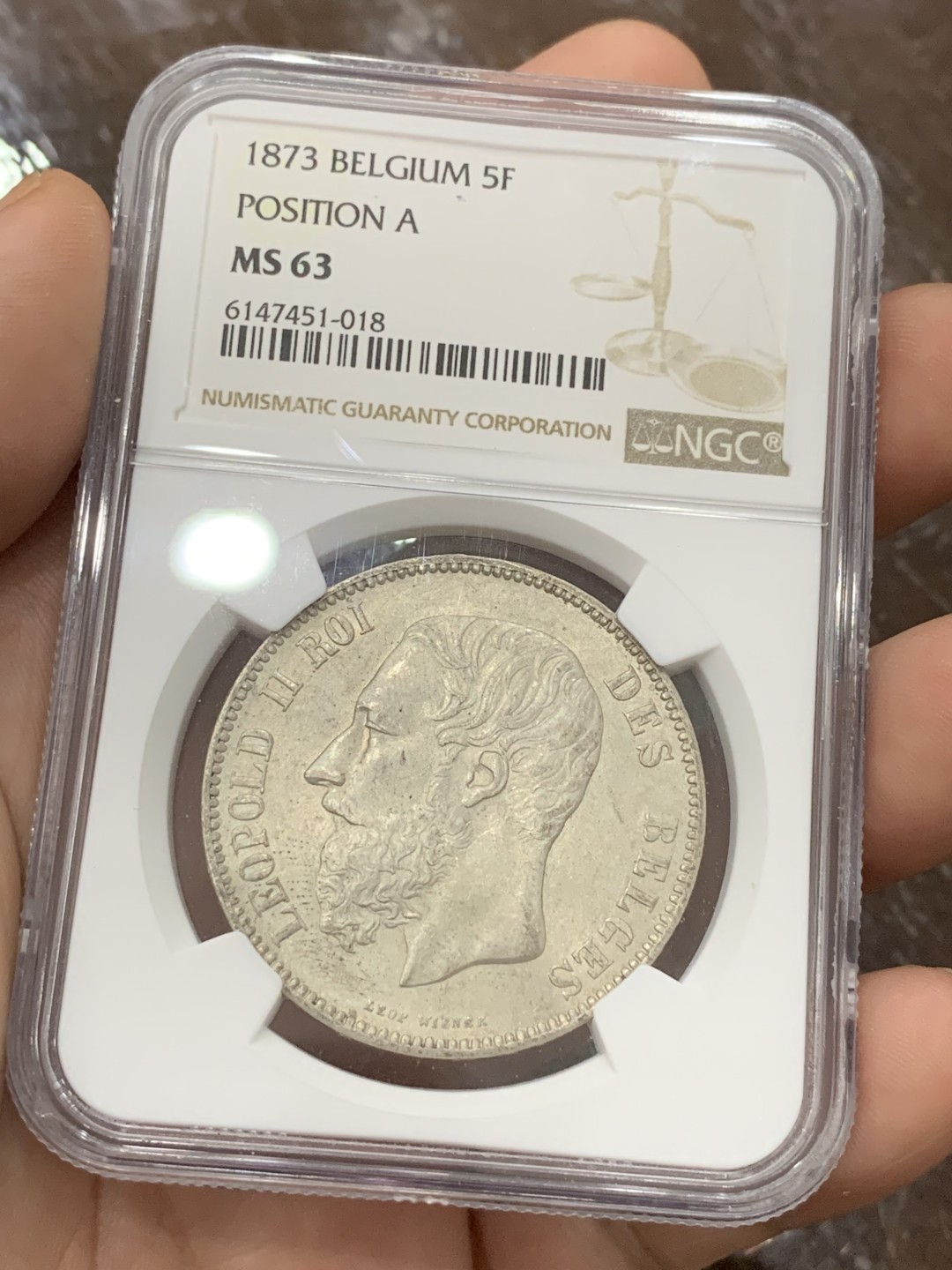 《竞宝斋》第100场-纪念拍卖 (全场包邮)中拍得限量纪念章 NGC MS63 比利时 利奥波德二世 1873年 5法郎银币 高分好细节 现在62分都已经在千元徘徊了 63出现的不多了