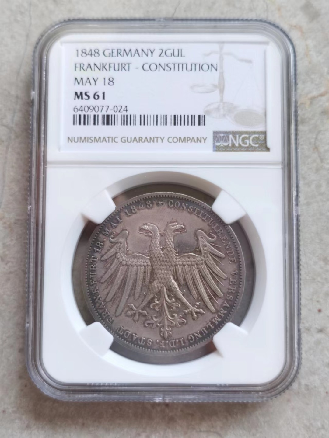 博洋堂世界钱币拍卖第001期（全场包邮） NGC MS61 1848年法兰克福制宪会议2盾银币，环彩包浆