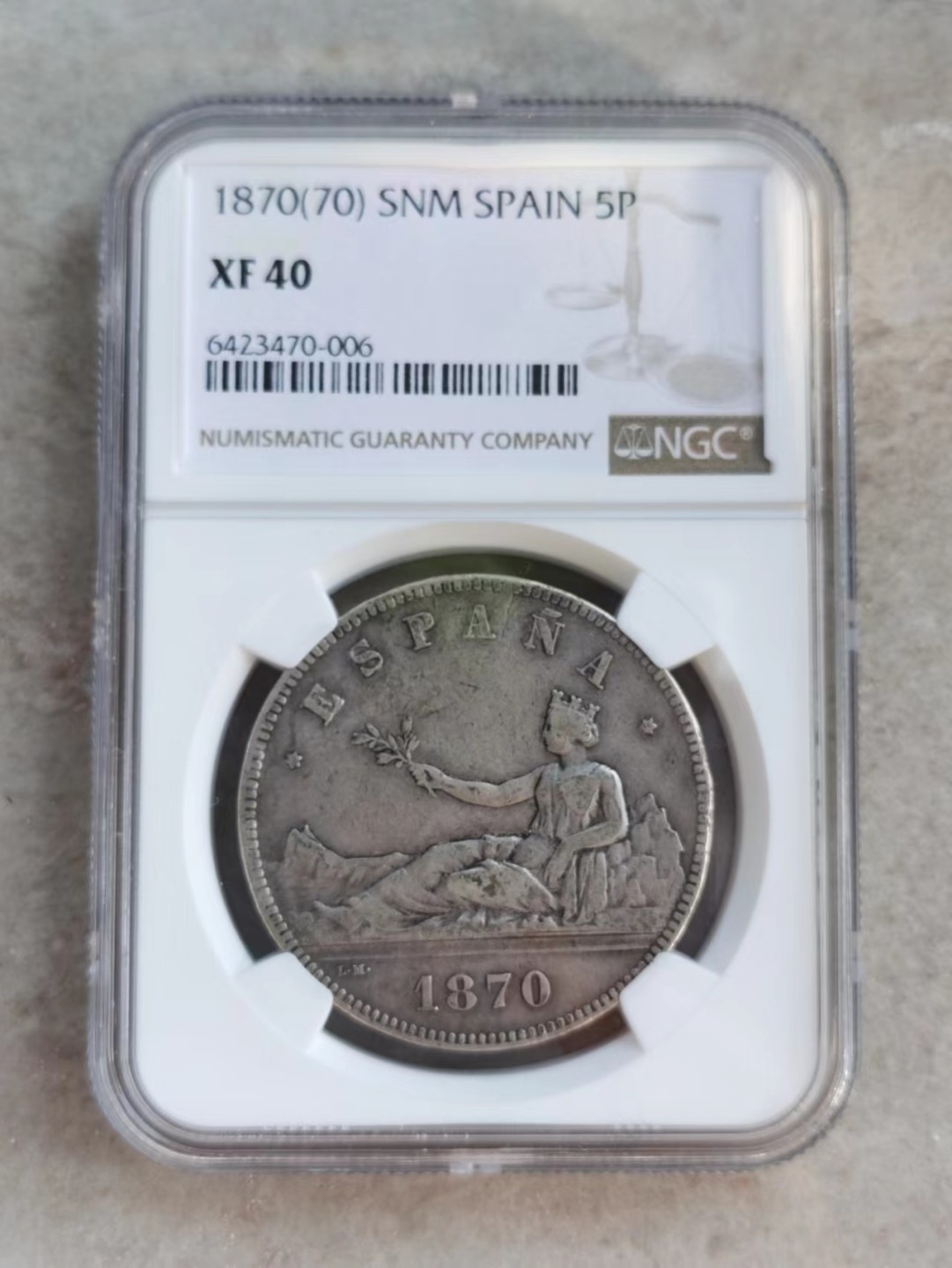 博洋堂世界钱币拍卖第001期（全场包邮） NGC XF40 1870年西班牙拿花5比塞塔银币 