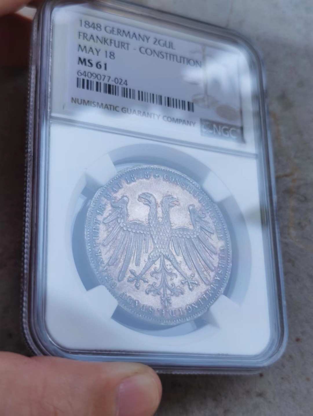 博洋堂世界钱币拍卖第001期（全场包邮） NGC MS61 1848年法兰克福制宪会议2盾银币，环彩包浆