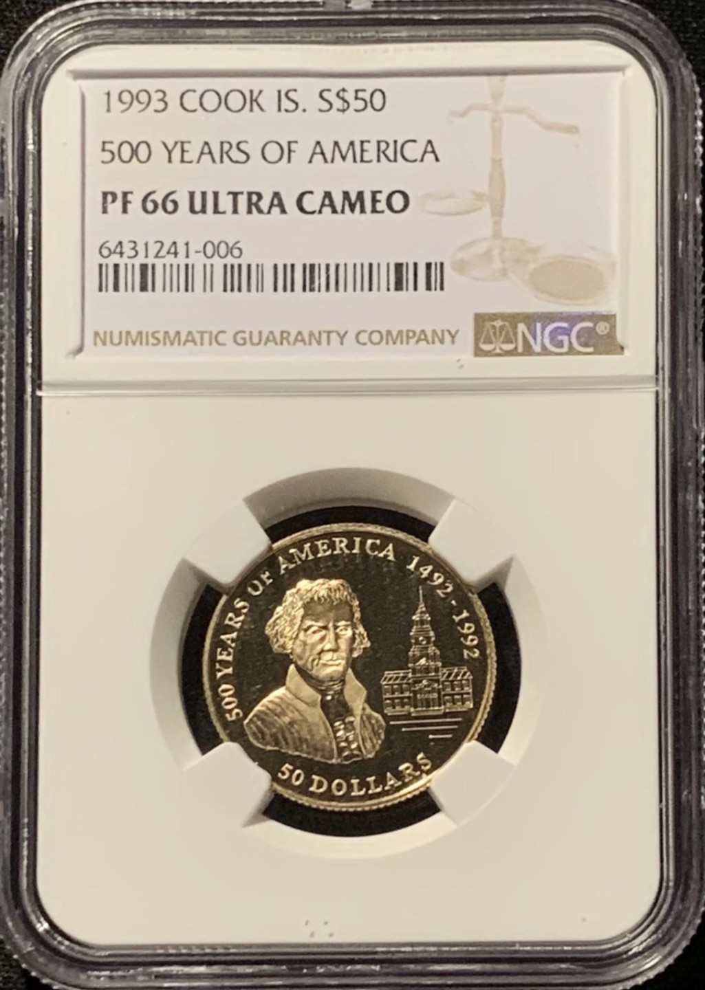 紫瑗钱币——第285期拍卖 库克群岛 1993年 发现美洲500后年 库克船长 50元 金币 NGC PR66 UC