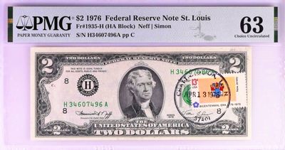 1976年美国建国200周年首发纪念钞2美元+首日邮票+油墨错币 - 1976年美国建国200周年首发纪念钞2美元+首日邮票+油墨错币