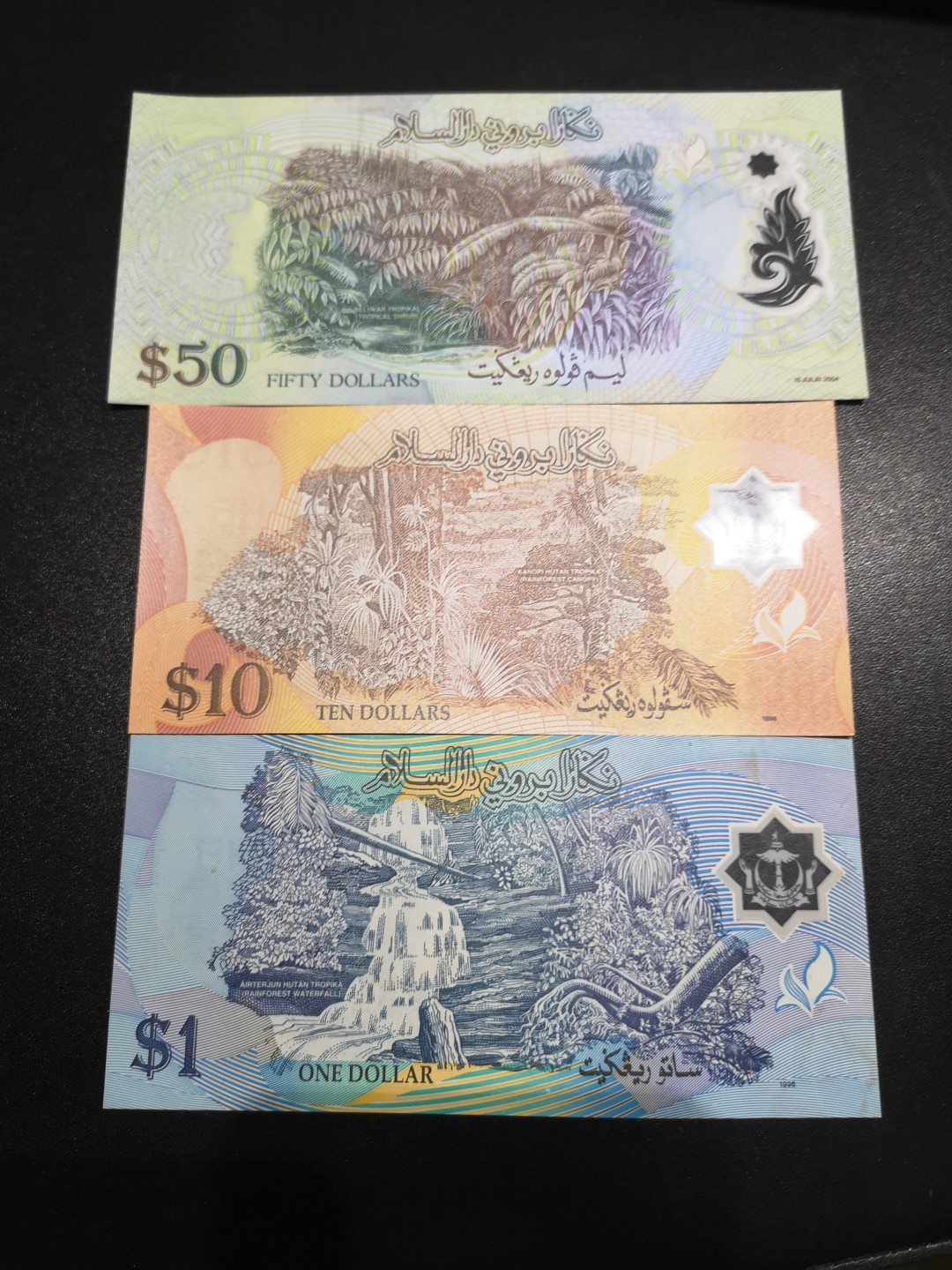 《外钞收藏家》第二百零六期 文莱50、10、1三张一起 50和10是全新 1是AU品相