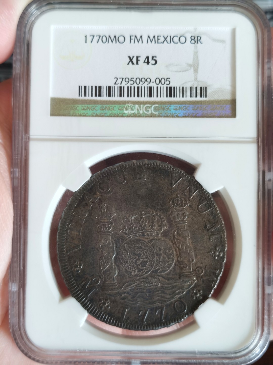 博洋堂世界钱币拍卖第001期（全场包邮） NGC XF45 1770年西属墨西哥地球双柱，老盒超状态，油腻入骨五彩包浆