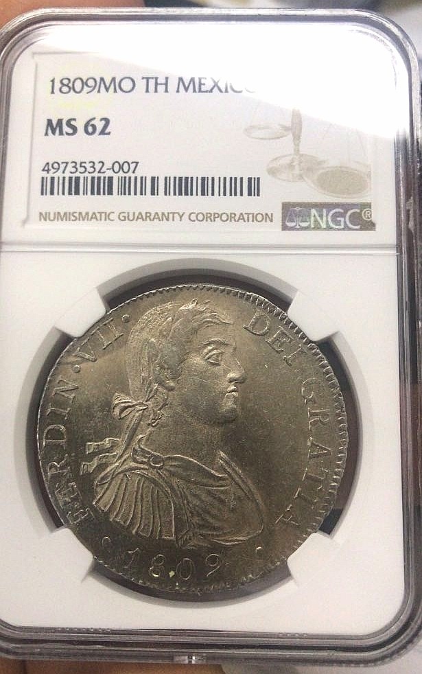 博洋堂世界钱币拍卖第001期（全场包邮） NGC MS62 1809年墨西哥费七军装双柱，深打完美