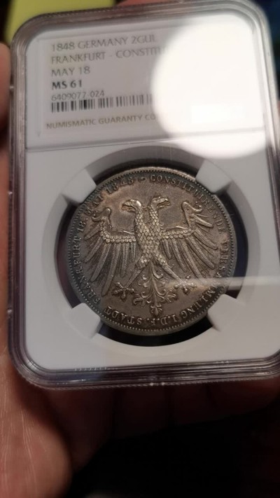 博洋堂世界钱币拍卖第001期（全场包邮） NGC MS61 1848年法兰克福制宪会议2盾银币，环彩包浆