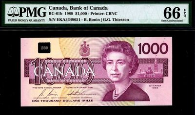 【Blue Auction】✨世界纸币精拍第232期 【精】 - 【亚军分】加拿大 1988年1000元 PMG66EPQ 最高值 女王纸币 精美 松蜡嘴鸟