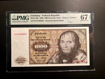 【Blue Auction】✨世界纸币精拍第232期 【精】 -  德国 1980年1000马克 PMG67EPQ 高分舍那 雕刻精美