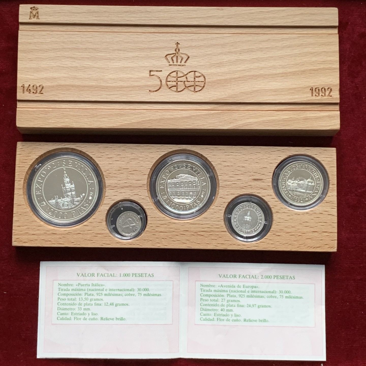 《竞宝斋》第102场-本周四 套币裸币专场（全场不限金额包邮） 原盒证书 西班牙1992年 发现美洲新大陆500周年纪念一组5枚银币 四个年份里最稀少的一组