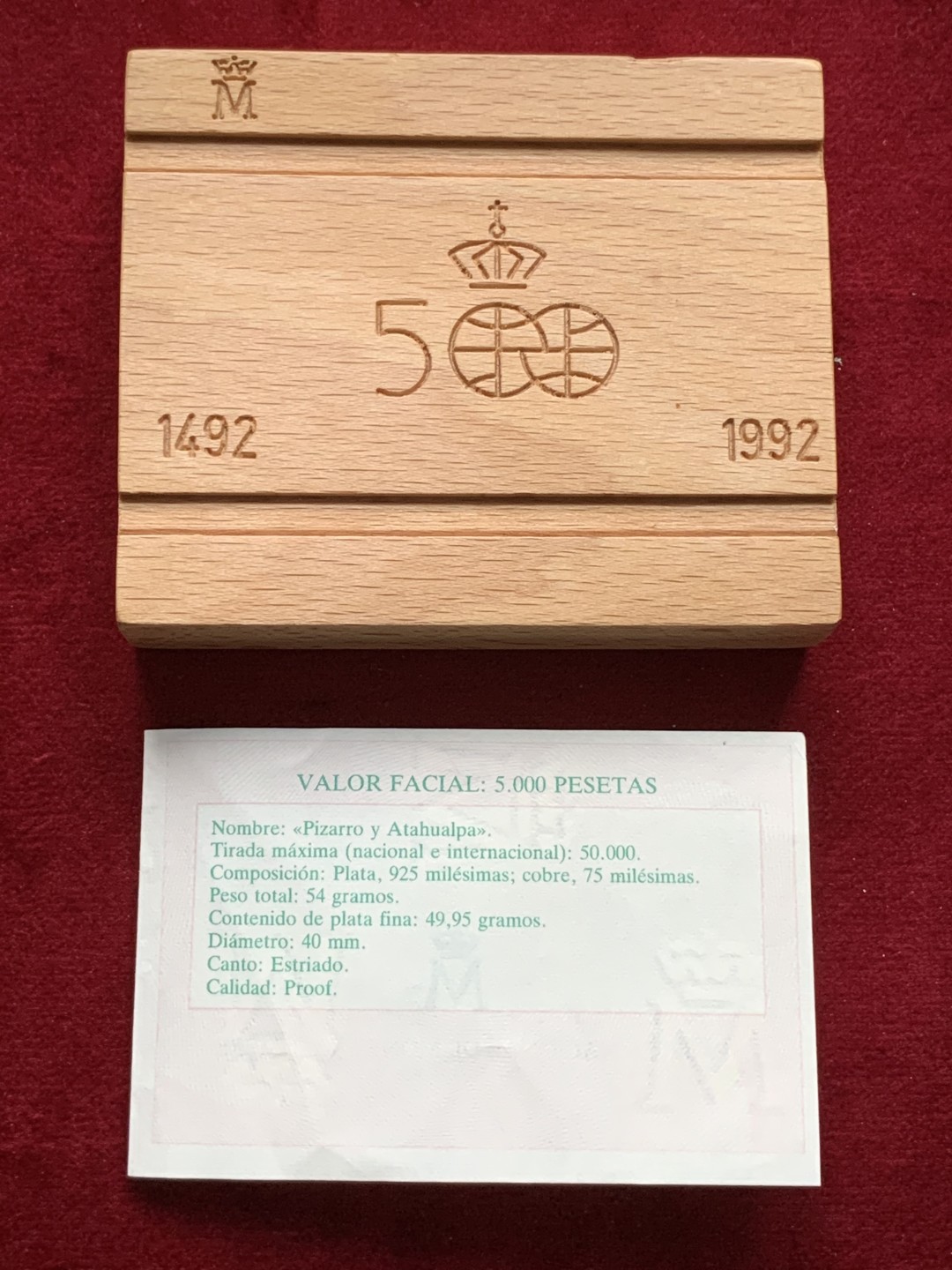 《竞宝斋》第102场-本周四 套币裸币专场（全场不限金额包邮） 原盒证书 西班牙1989年 发现美洲新大陆500周年纪念 5000比塞塔 大银币54克