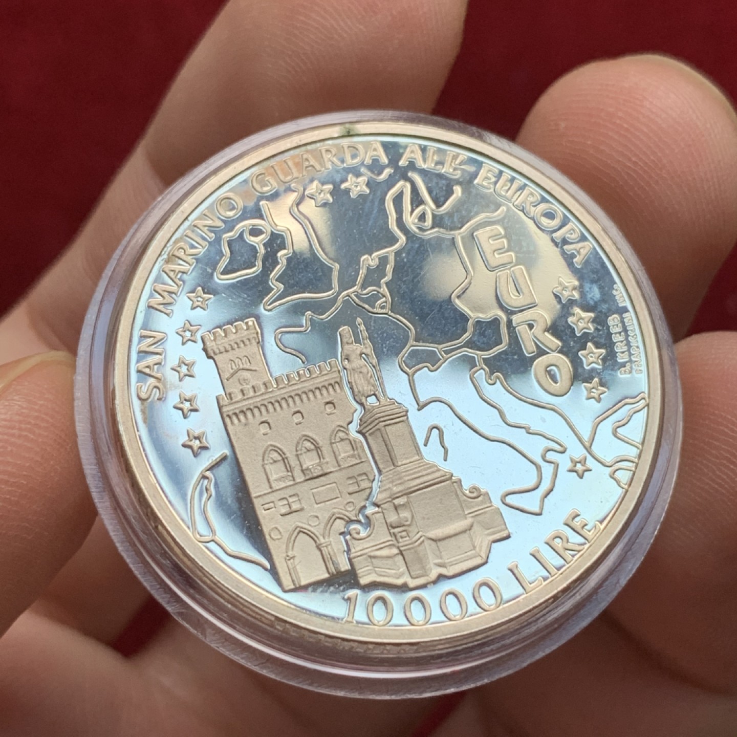 《竞宝斋》第102场-本周四 套币裸币专场（全场不限金额包邮） 原盒证书 圣马力诺1996年 欧元纪念 10000里拉精制大银币 22克