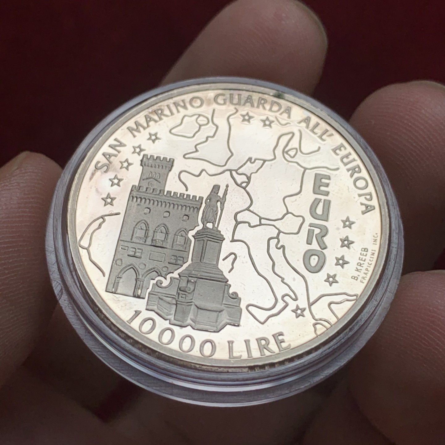 《竞宝斋》第102场-本周四 套币裸币专场（全场不限金额包邮） 原盒证书 圣马力诺1996年 欧元纪念 10000里拉精制大银币 22克