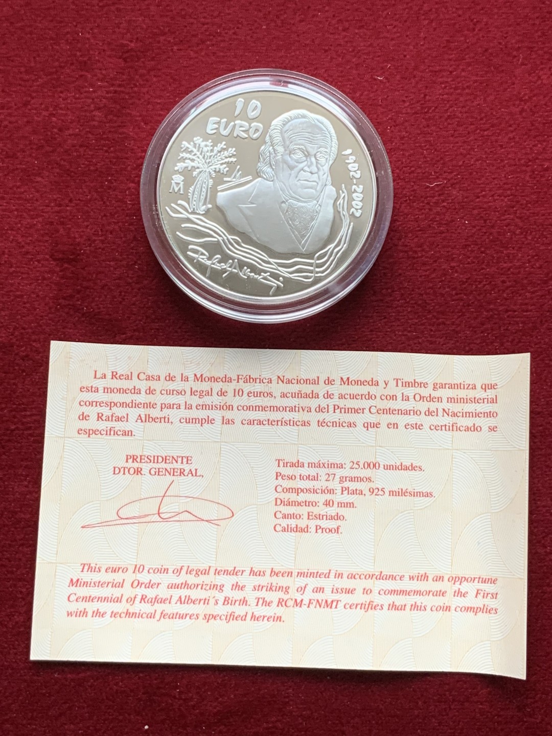 《竞宝斋》第102场-本周四 套币裸币专场（全场不限金额包邮） 原盒证书西班牙2002年 诗人阿尔维蒂百年纪念10欧元精制大银币