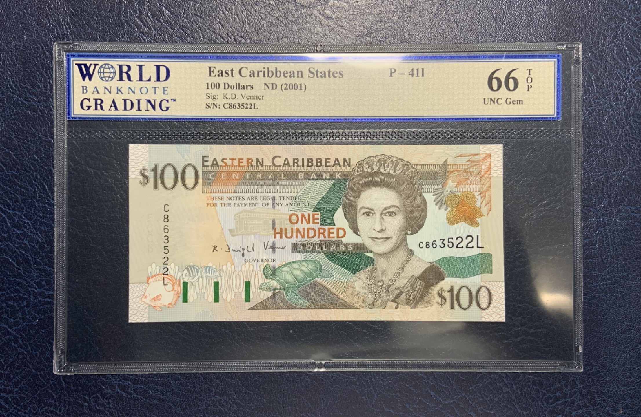 收藏联盟Quantum Auction 第197期拍卖 (已更新) 东加勒比2001年100元 WBG66 品相全新UNC 与美金汇率挂钩等值